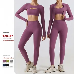 Ensemble de Yoga Sans Couture pour Femme Haut Et Bas Leggings Taille Haute Soutien-Gorge de Sport Veste Shrug Fitness