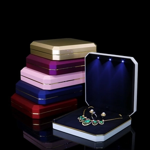 Octagonal LED Jewelry Box Rubber Lacquer Velvet Lining Necklace Pendant Gift Display Case Wedding Proposal Mother Elegant
