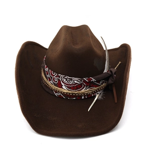 Detail of dark brown wool cowboy hat with red paisley band and decorative long feather