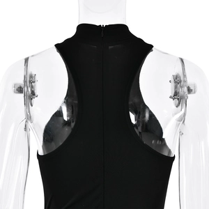 Close-up of the back hidden zipper and sleek collar on this black sleeveless dress