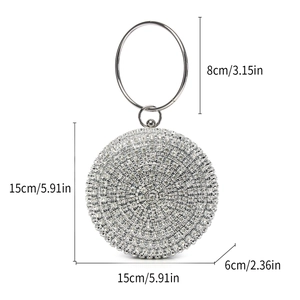 Detail view of round sparkling rhinestone evening bag with dimensions and metal ring handle