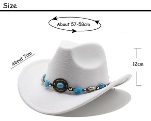 White western cowboy hat details with turquoise beads and size dimensions displayed