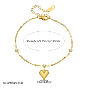 Gold plated stainless steel heart charm bracelet with adjustable 18+6cm chain and measurements