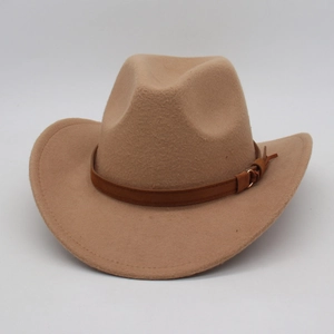 Detailed close-up of camel wool felt cowboy hat featuring a brown leather decorative band
