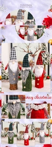 Detail of Christmas gnome wine bottle covers with plaid hats and faux fur beards