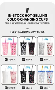 Detail of color-changing plastic cup set with lid and straw for cold water