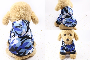 Detailed views of a blue camouflage pet hoodie showing the back, side, and front design