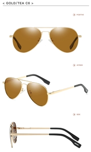 Classic pilot sunglasses with gold metal frame and tea lenses shown in multi-angle views