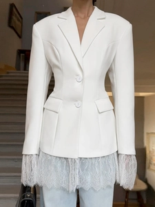 Slim fit white blazer for women featuring elegant lace trim and flap pockets in ivory