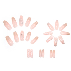Pink gradient coffin press-on nails with 3D crystal butterflies and pearl accents