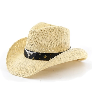 Vintage western cowboy straw hat with black leather band and silver bull head ornament