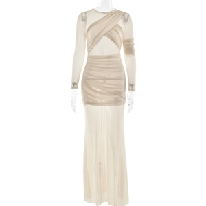 Detailed view of beige mesh maxi dress with criss-cross bodice and ruched fabric texture