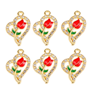 Set of 6 gold heart pendants with red enamel tulips and sparkling white rhinestones