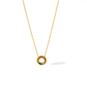 18K gold plated stainless steel necklace featuring a round rainbow zircon pendant