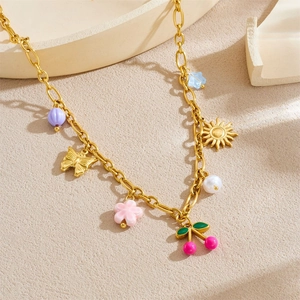 Gold-plated chain necklace featuring colorful cherry, butterfly and sun pendants