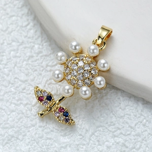 Fashion 18k gold rose pendant necklace with pearls, zircons and colorful gemstones