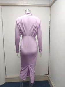Detail view of purple long sleeve dress with slim fit waist and back hem slit design