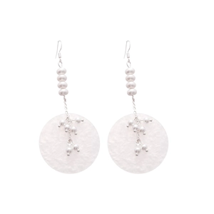 Silver drop earrings with white pearls and round disc pendants in a minimalist elegant style