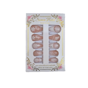 24pcs almond press-on nails with pink gradient, white snowflakes and rhinestone accents