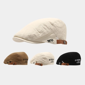Flat Cap Vintage Cotton Canvas Forward Hat With Letter Embroidery And Leather Strap Adjustable Newsboy Ivy Cap For Unisex