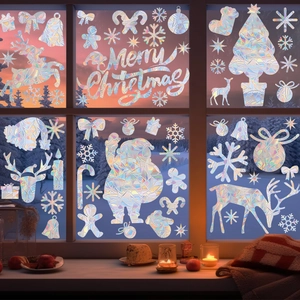 Holographic Christmas window clings featuring reindeer, Santa, and tree in a cozy room