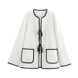Women Pleated Open Front Jacket Tie Front Contrast Piping Long Sleeve Chic Elegant Lightweight Outerwear With Pockets