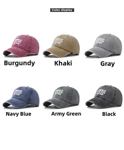 Six colors of washed vintage baseball caps with printed coordinator quote lettering