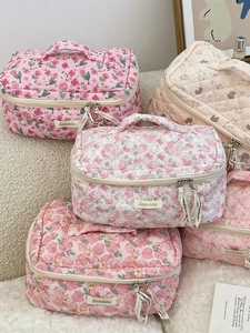 Quilted floral cotton cosmetic bags with cartoon animal patterns and top handle