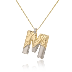 Detail of two-tone capital M letter pendant with hammered gold and smooth silver finish