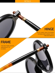Detail of durable metal hinge link and textured frame design on round punk sunglasses