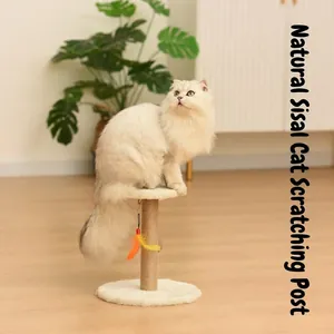 Minimalist sisal cat scratching post with plush platforms and interactive feather toy