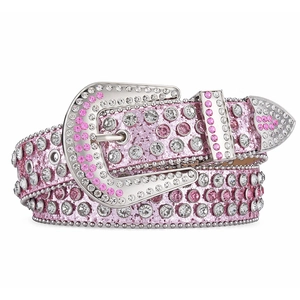Pink rhinestone studded belt with silver glitter and western style buckle on white background
