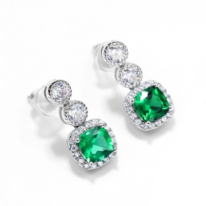 S925 silver stud earrings featuring square emerald green stones and white zircon accents