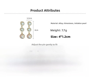 Detailed view of silver-tone earrings with faux pearls and crystals with dimensions