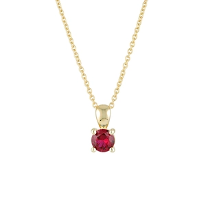 Close-up of a red round birthstone pendant in four-prong gold setting on an O-chain