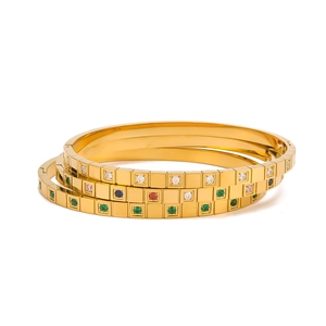 18K gold plated stainless steel square bangles with multi-color zircon stones set of three