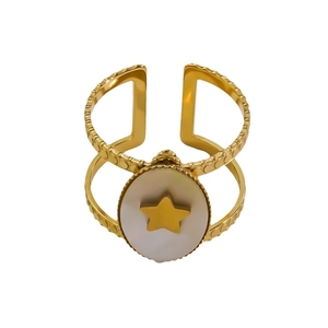 Golden open star ring with white shell inlay in polished stainless steel design
