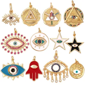 Set of 12 gold-plated Evil Eye and Hamsa pendants with colorful zircon inlay for DIY jewelry