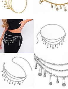 Detailed close-up of multilayered gold and silver metal chain belt with coin charms