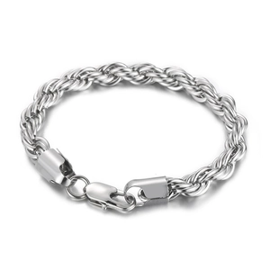 Polished silver stainless steel twist rope chain bracelet with secure lobster clasp