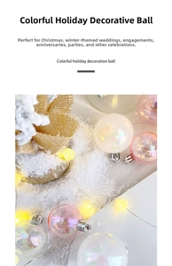Close-up of iridescent Christmas ornaments with silver caps on snowy background