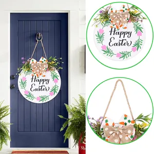 Round wooden Easter door sign with Happy Easter greeting and pink tulip flowers