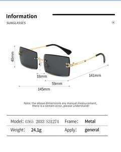 Detailed size chart showing dimensions of rimless square sunglasses with metal temples