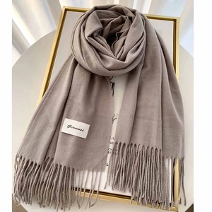 Detailed view of oatmeal cashmere scarf texture with long fringe tassels and label