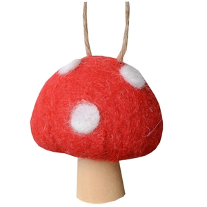 Red and white polka dot wool felt mushroom ornament with rustic wooden stem and twine loop