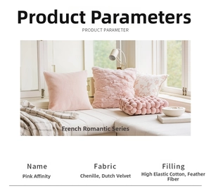 Close-up of pink decorative pillow set in chenille and velvet fabric textures