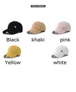 Detailed side view of baseball caps in five colors with metallic M logo accents
