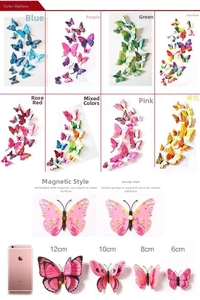 3D butterfly wall stickers in various colors with magnets and adhesive for home decor