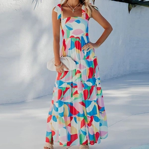 Women's Boho Floral Maxi Dress Polyester Smocked Tiered Spaghetti Strap Summer Vacation Long Sundress