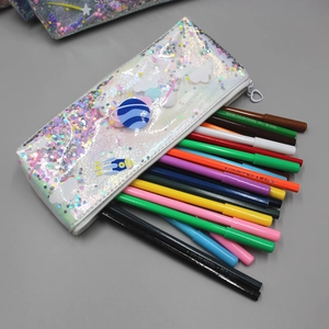 Detail of silver holographic pencil case with planet patches and large storage capacity